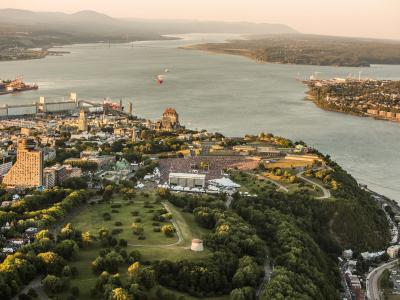 Québec City's Plains of Abraham and St. Lawrence River from the sky in Summer.