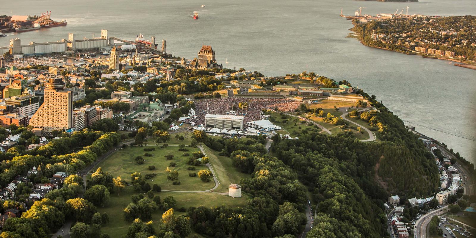 Québec City's Plains of Abraham and St. Lawrence River from the sky in Summer.