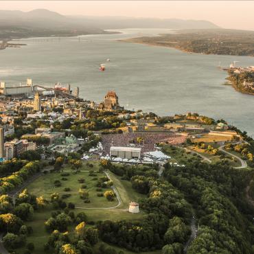 Québec City's Plains of Abraham and St. Lawrence River from the sky in Summer.